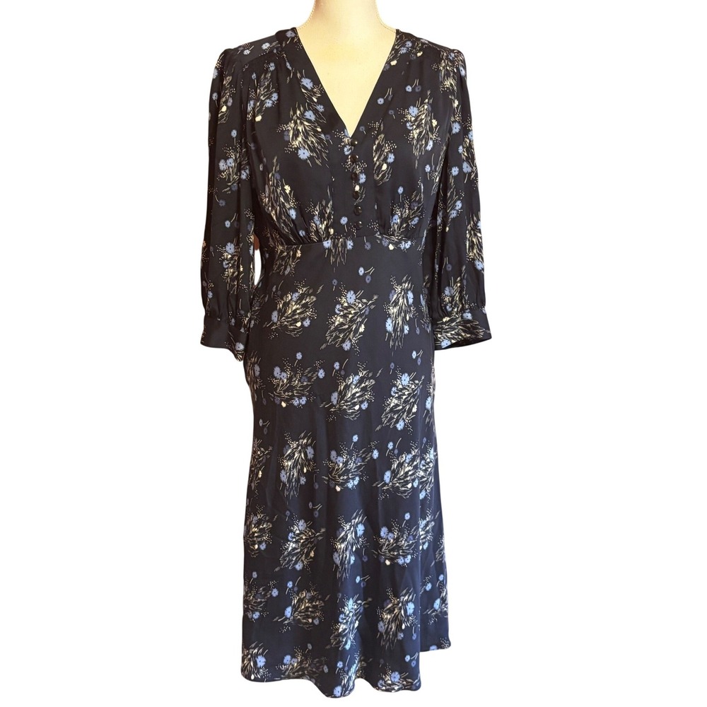 Nordstrom Signature Navy Blue Floral Silk Blend Midi Dress 8 Quiet Luxury